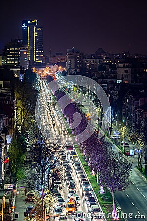 Bucharest night cityscape center in Bulevardul LascÄƒr Catargiu Editorial Stock Photo